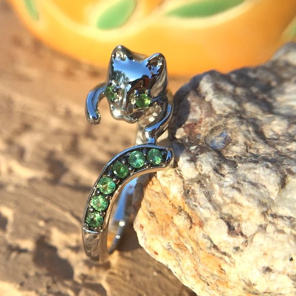 Genuine Tsavorite 925 Wraparound Cat Ring Sterling Silver Green Garnet Sz 6 or 9 - Picture 6 of 14